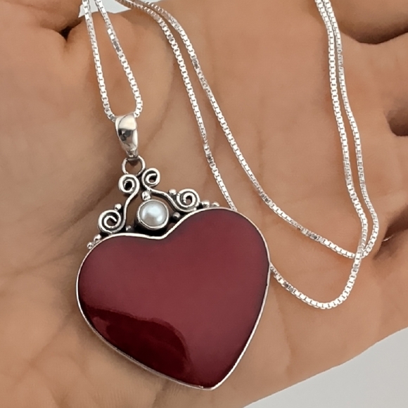 Sterling Silver Heart Pendant Necklace with Red Center - Picture 6 of 6